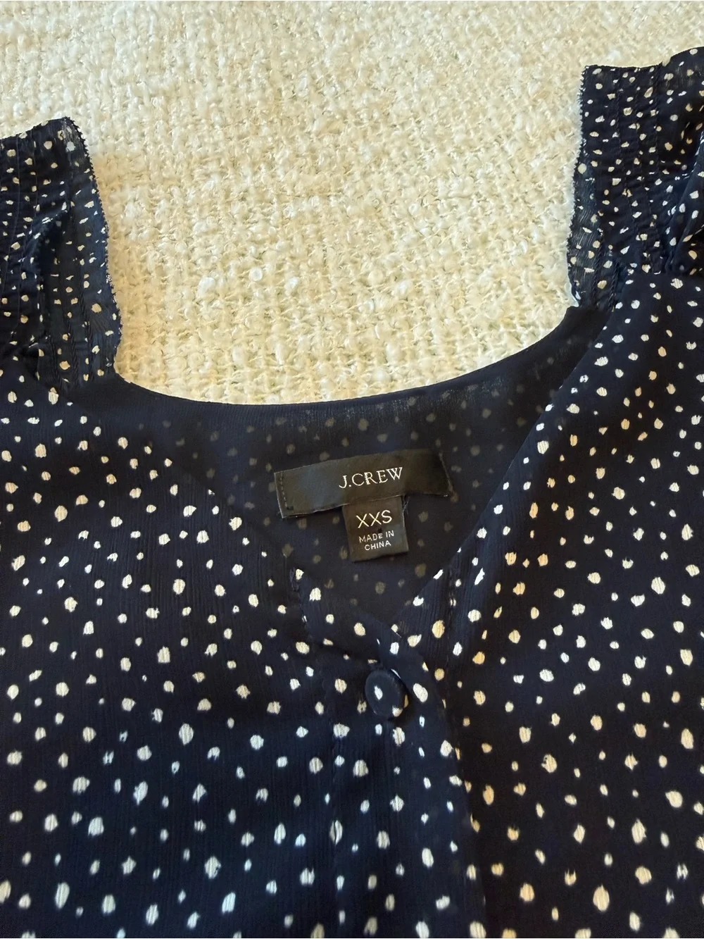 J. Crew Navy and White Dot Flutter Sleeve Blouse